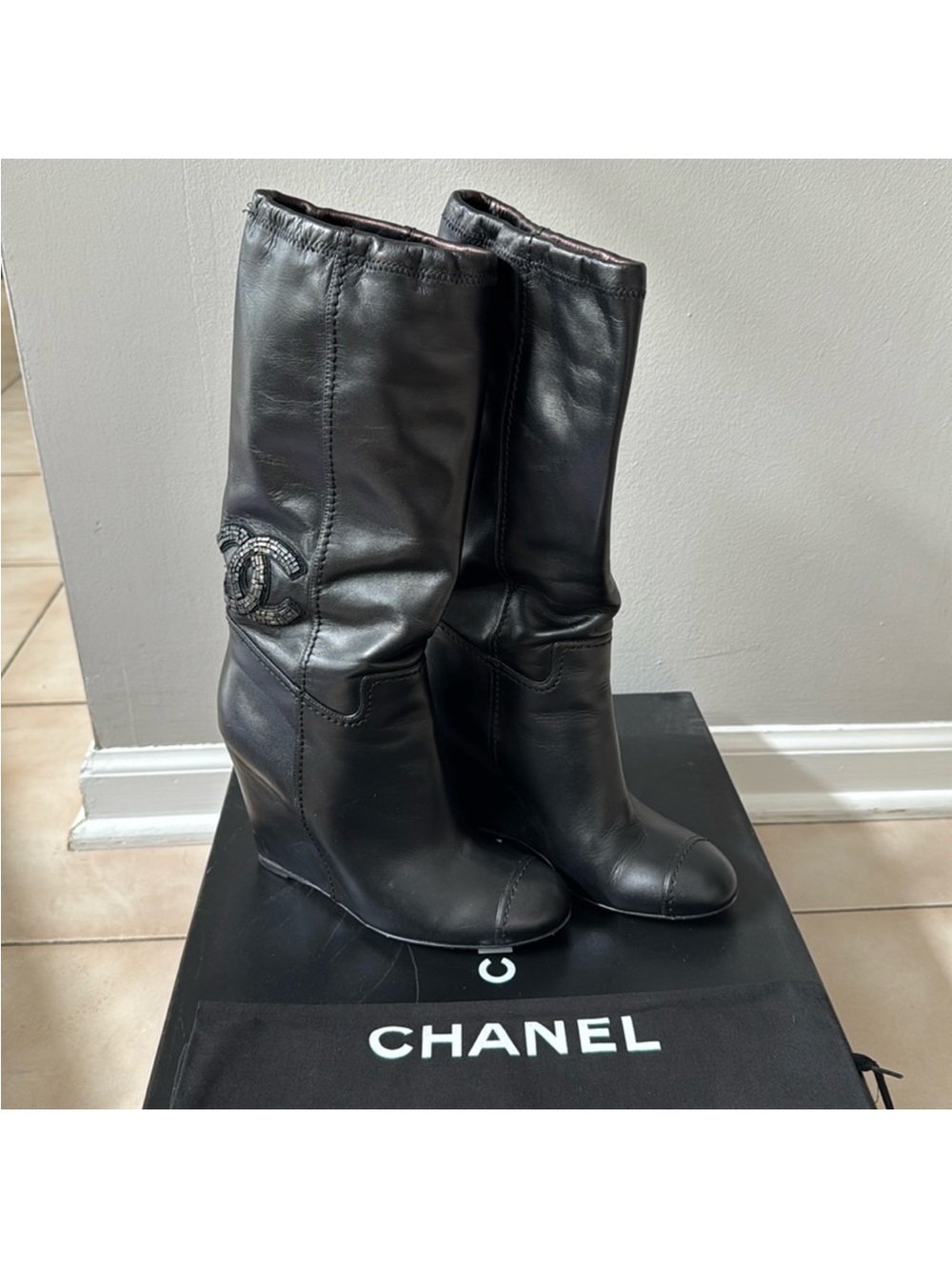 CHANEL Black Leather Wedge Mid-Calf Boots with CC Emblem